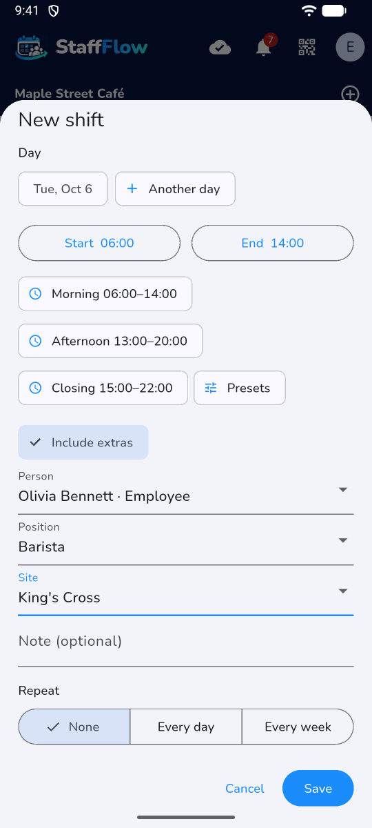 Creating a shift